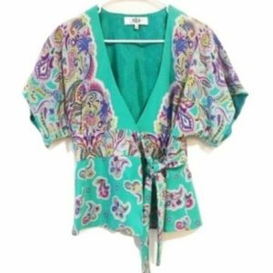Tibi Silk Floral Paisley Printed Kimono Wrap Top